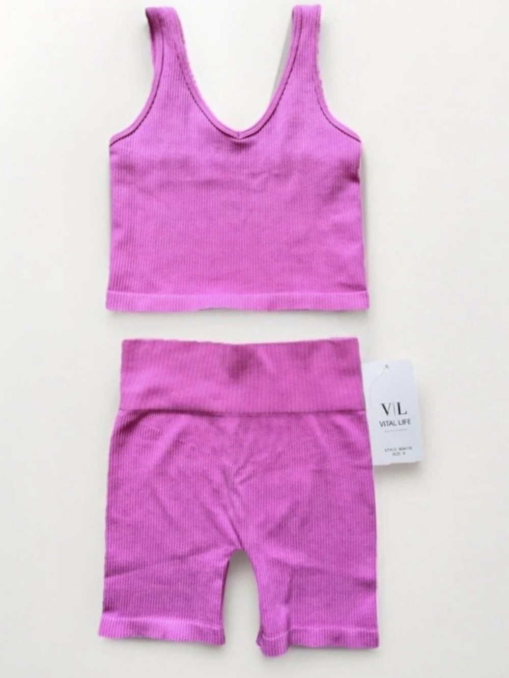 VITAL LIFE Women sz S Ribbed Tank and Bike Shorts Set Orchid Pink Activewear New